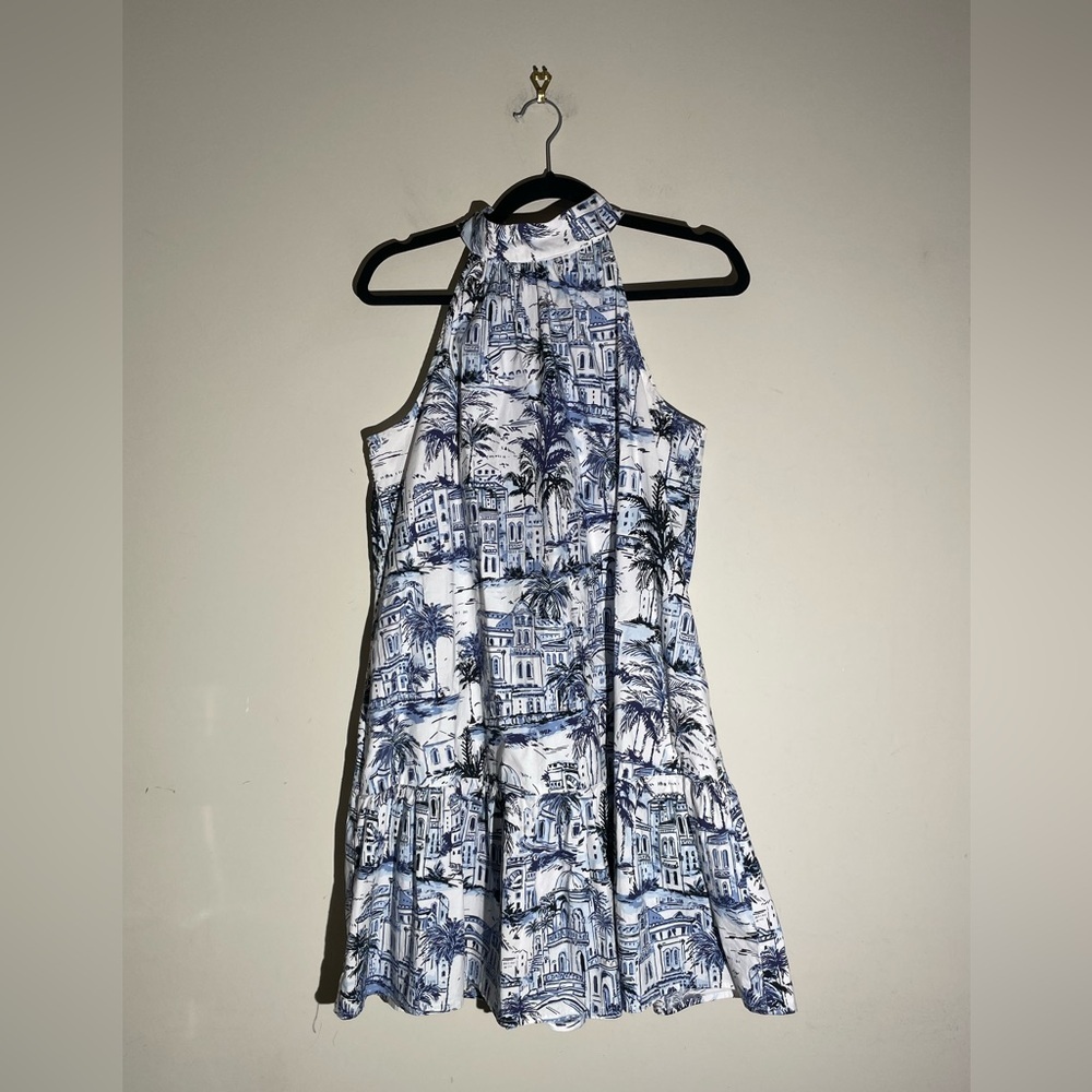Calypso St. Barth Blue White Halter Cotton Mini Dress Sz Medium Tropical Resort - Picture 12 of 16